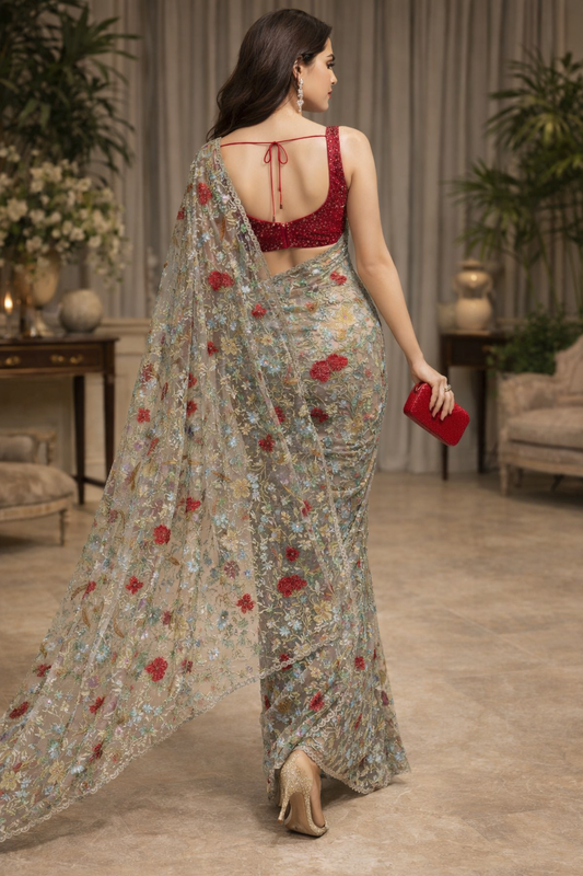 Scarlet Meadow Net Saree
