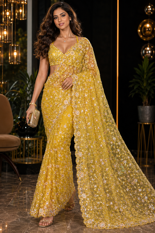 Sunflower Bloom Luxe Net Saree