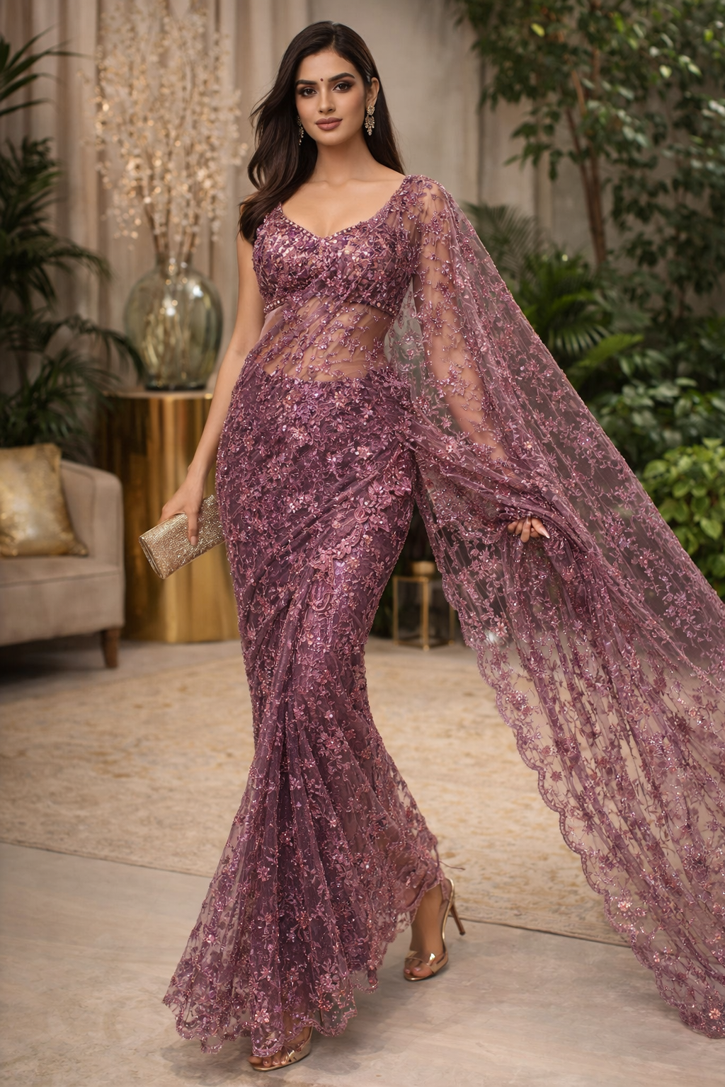 Rosewood Plum Luxe Net Saree