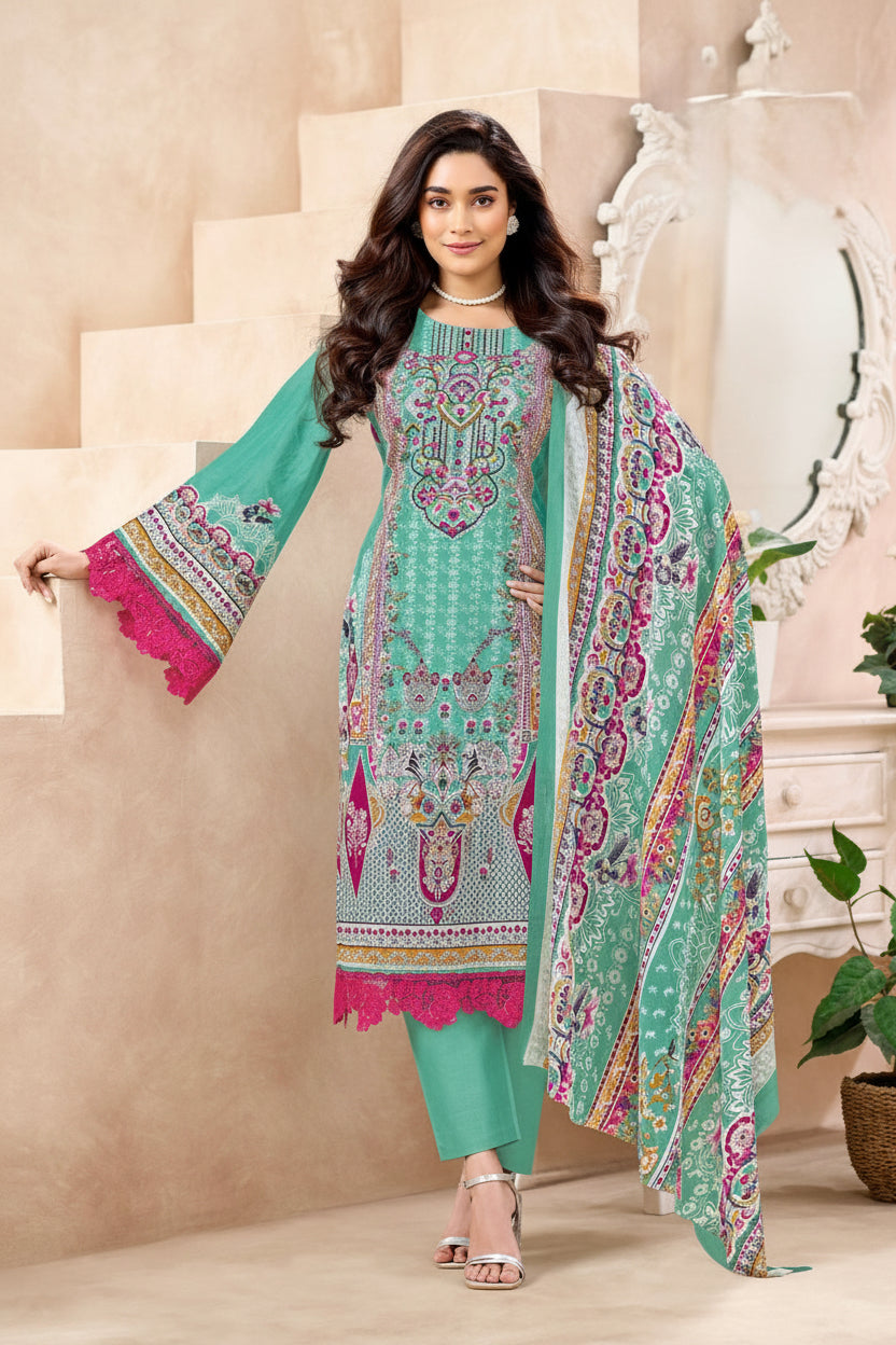 Meher Green Bloom | Lawn Cotton Pakistani Suit Set