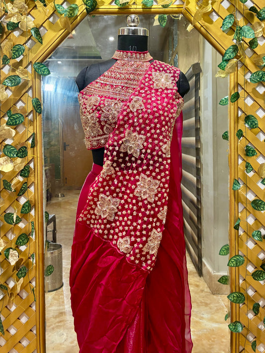 Ruby Royale Ready-to-Wear Satin Saree with Pre-stitched Designer Blouse