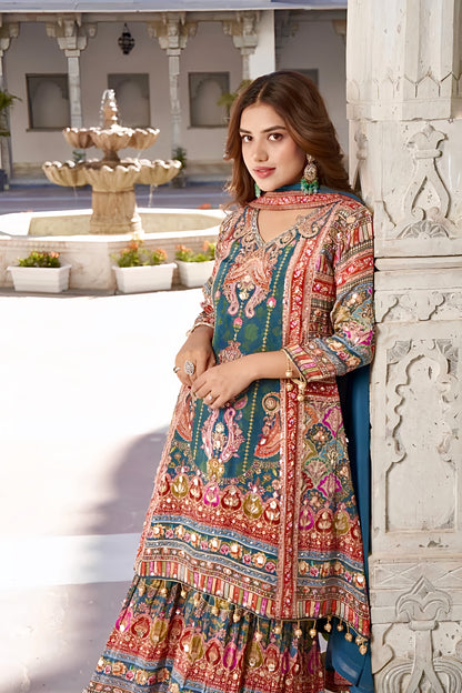 Aarvi Teal Mughal Printed Sharara Set