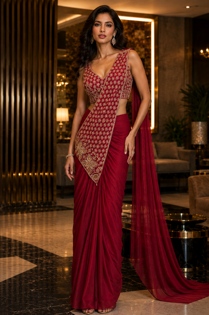 Saffron Embroidered Ready-to-Wear Saree with Stitched Blouse