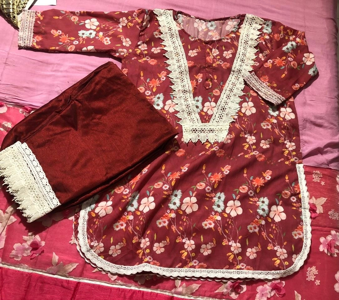 Crimson Lace Cotton Rayon Co-ord Set