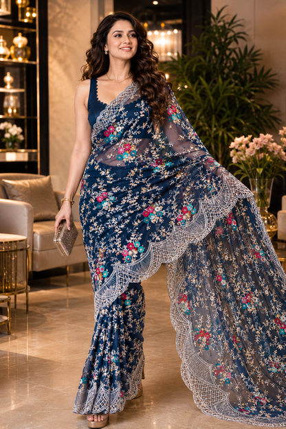 Midnight Garden Embroidered Net Saree