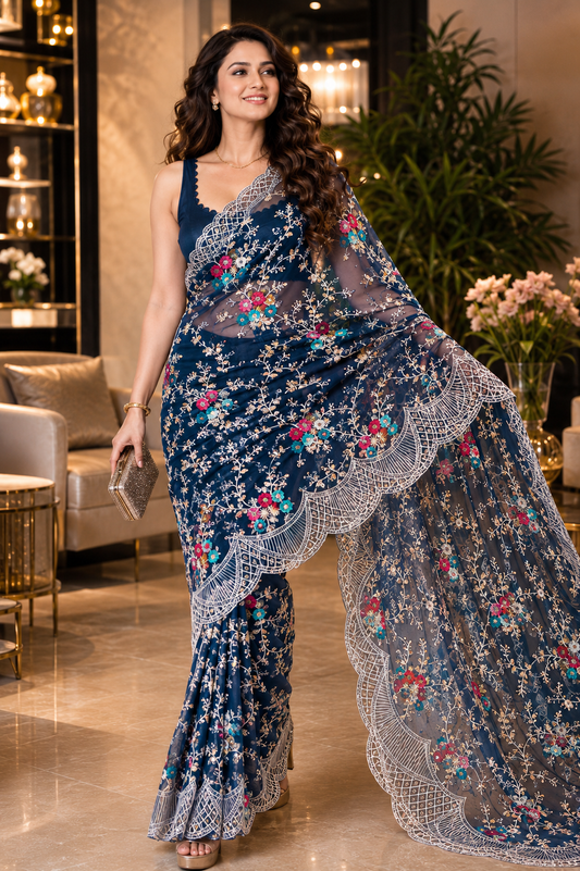 Midnight Garden Embroidered Net Saree