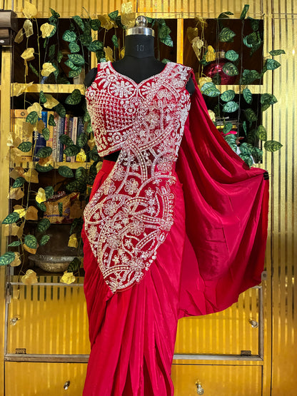 Scarlet Embroidered Ready-to-Wear Saree with Pre-stitched Blouse
