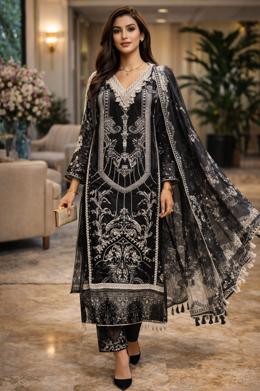 Noir Lacy Mulmul Suit Set