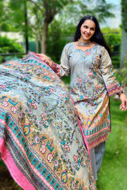 Aira Silver Bloom | Lawn Cotton Pakistani Suit Set