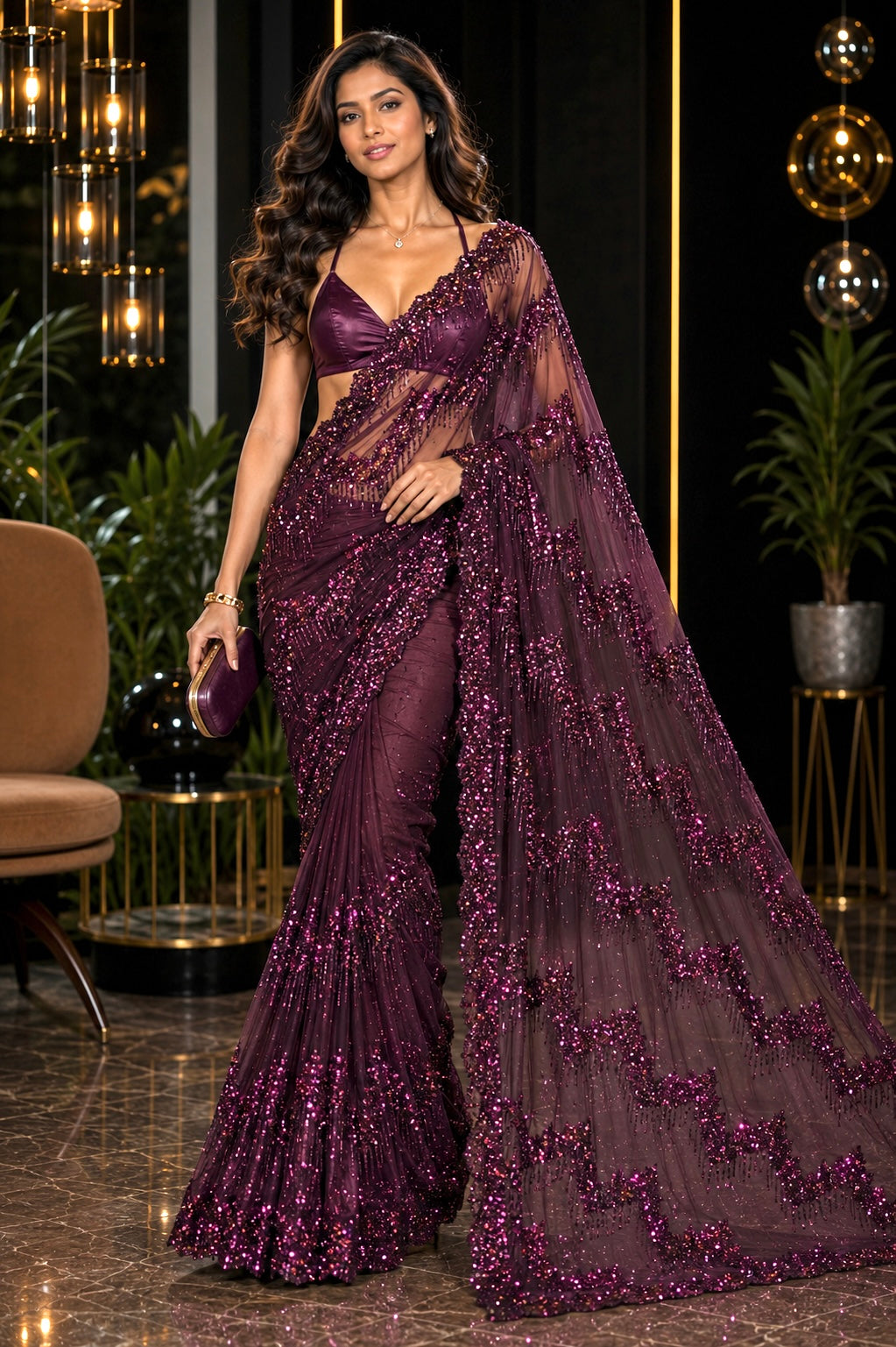 Midnight Pyramid Embellished Net Saree