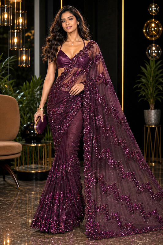 Midnight Pyramid Embellished Net Saree