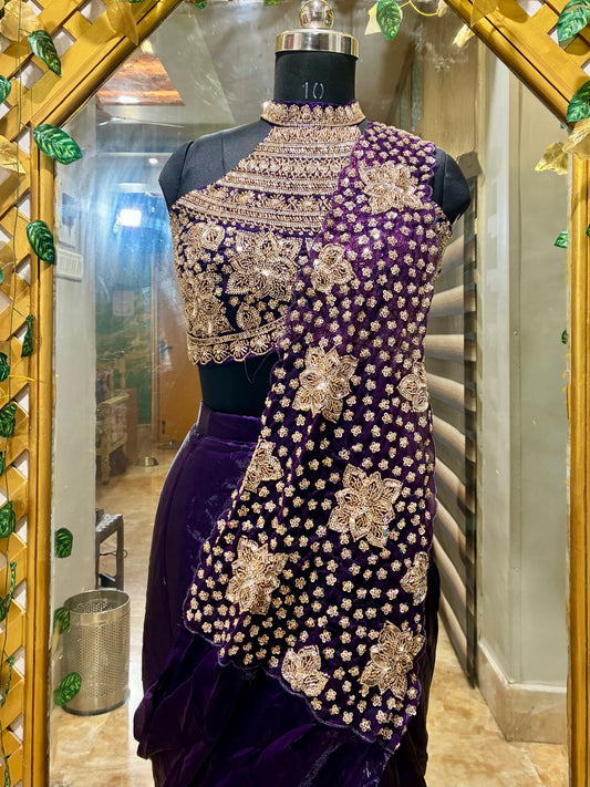 Midnight Amethyst Ready-to-Wear Satin Saree with Pre-stitched Designer Blouse