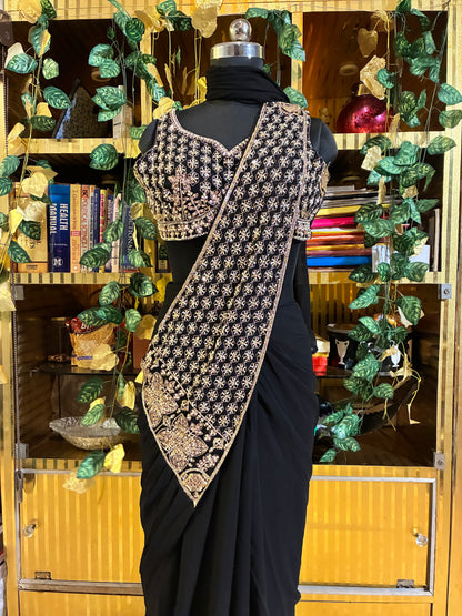 Noir Embroidered Ready-to-Wear Saree with Stitched Blouse