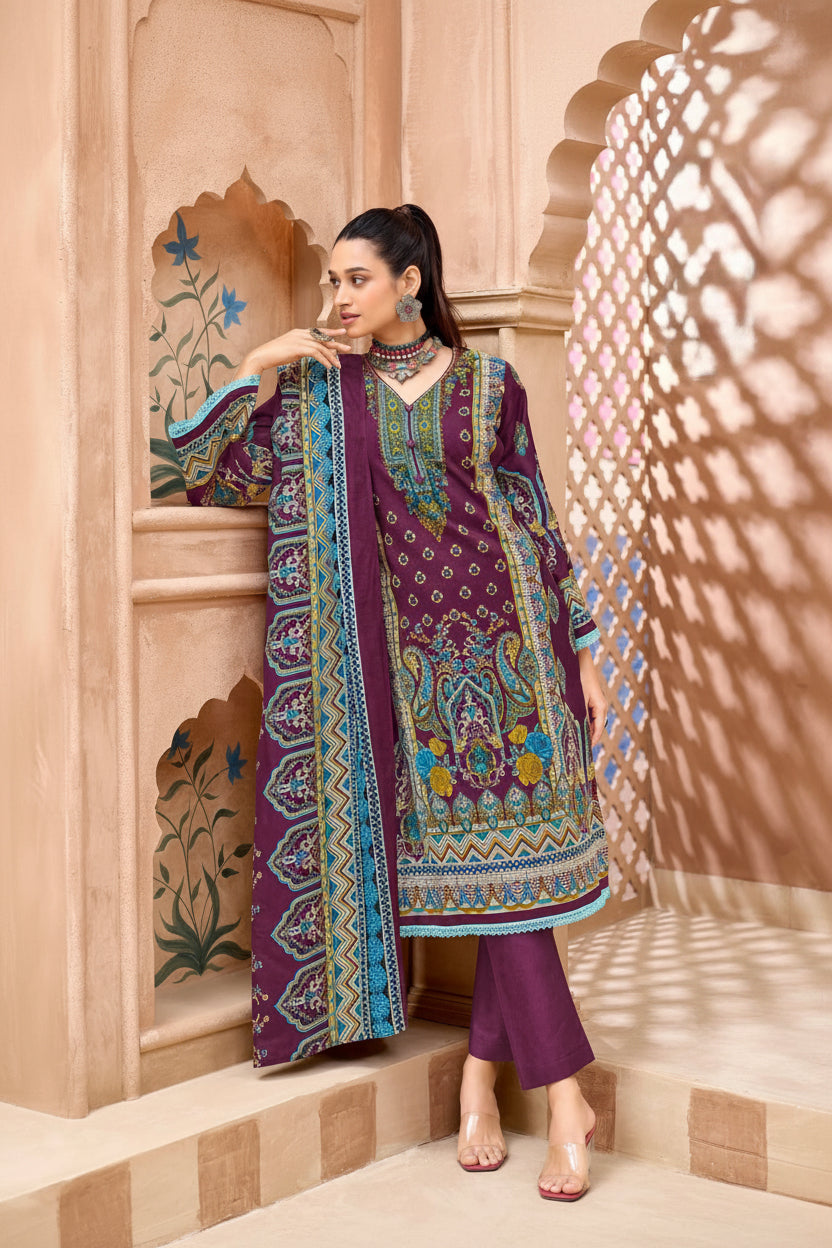 Mahira Plum Garden | Lawn Cotton Pakistani Suit Set
