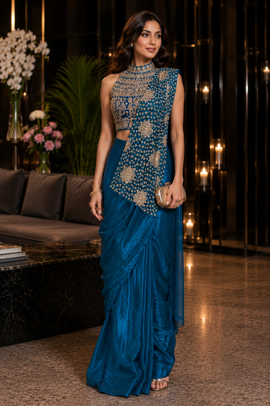 Sapphire Majesty Ready-to-Wear Satin Saree with Pre-stitched Designer Blouse