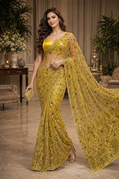 Sequenced Golden Net Saree