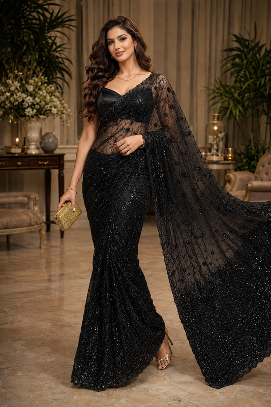 Noir Bloom Luxe Net Saree