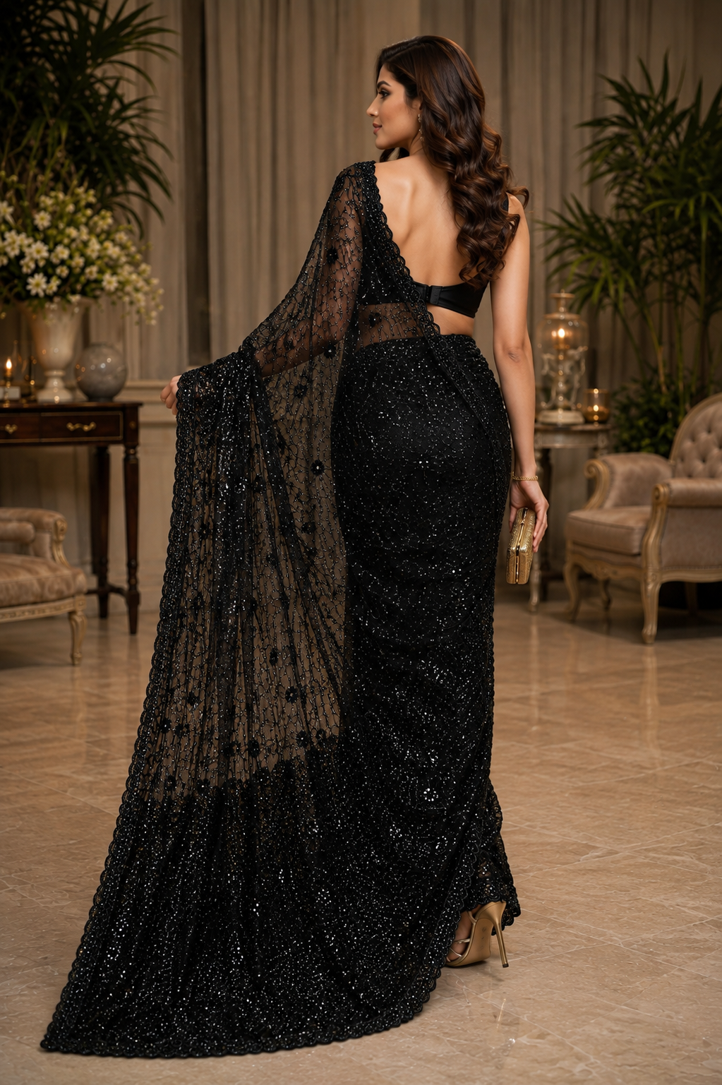 Noir Bloom Luxe Net Saree