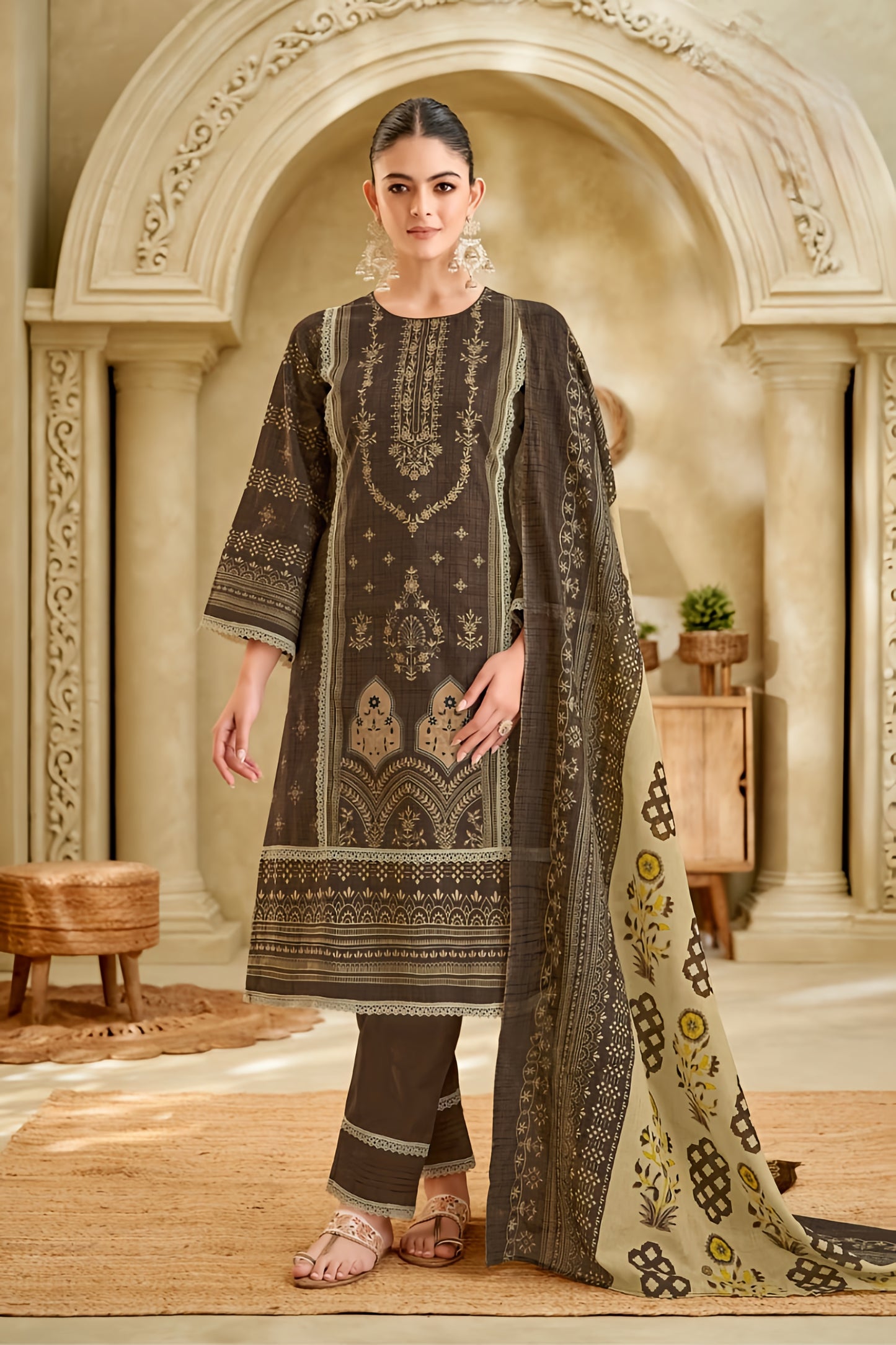 Mocha Majesty Unstitched Pakistani Suit Set