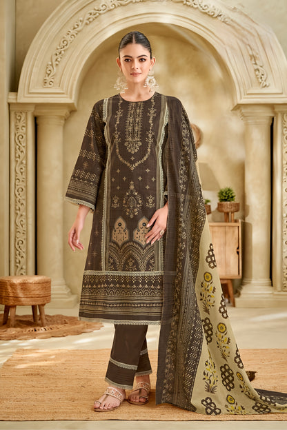 Mocha Majesty Unstitched Pakistani Suit Set