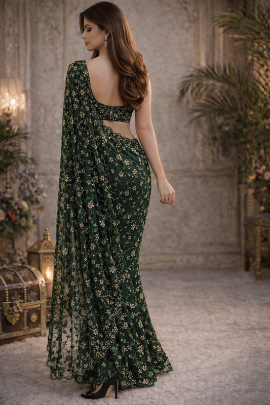 Emerald Bloom Luxe Net Saree