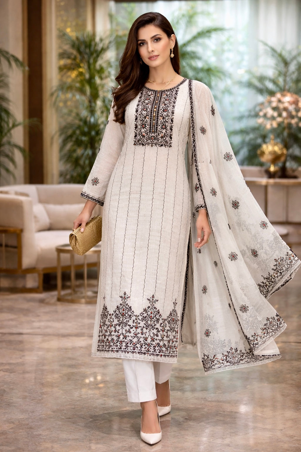 Zariya Bloom Kota Doria Embroidered Suit Set