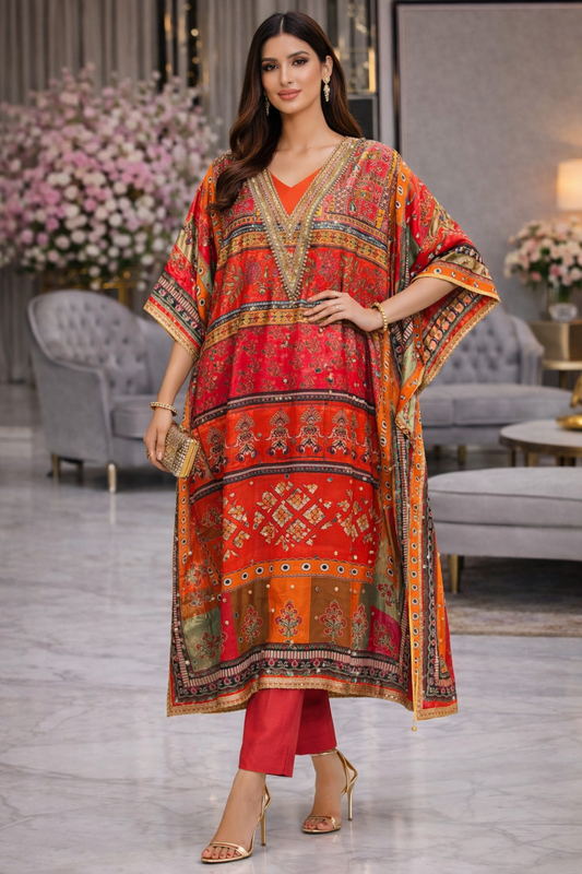 Noorani Multicolor Mosaic Crepe Kaftan Set