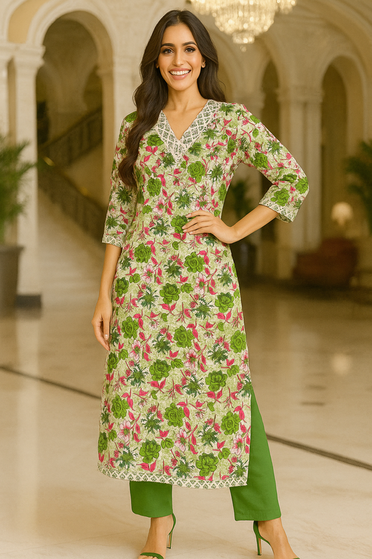 Green Floral Cotton Kurta Set