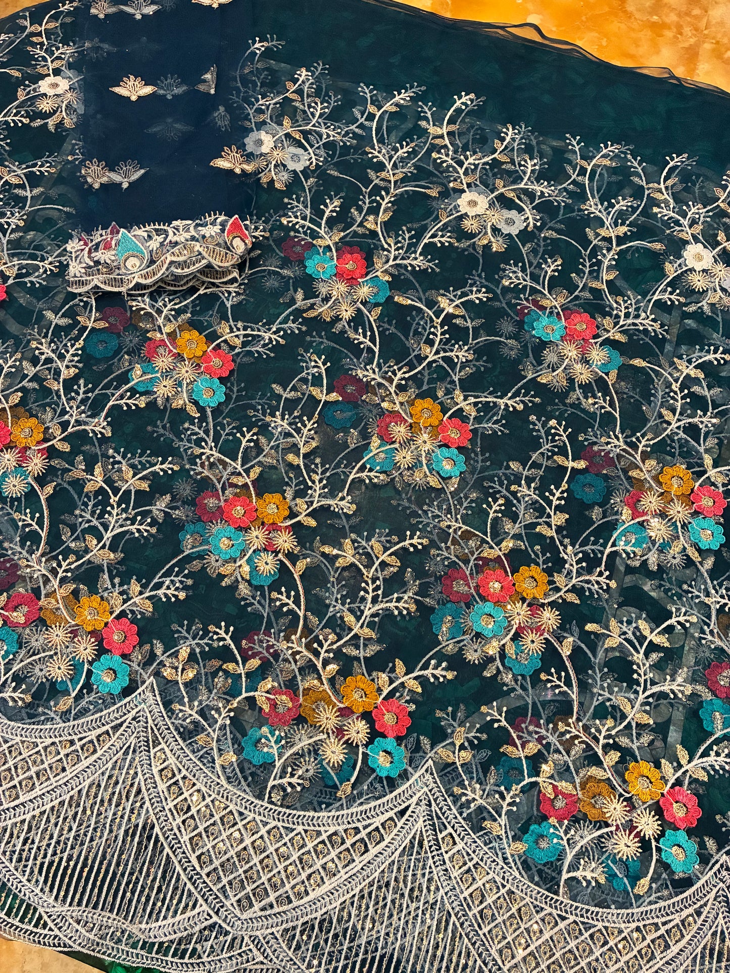 Midnight Garden Embroidered Net Saree