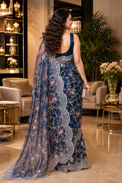 Midnight Sky Embroidered Net Saree