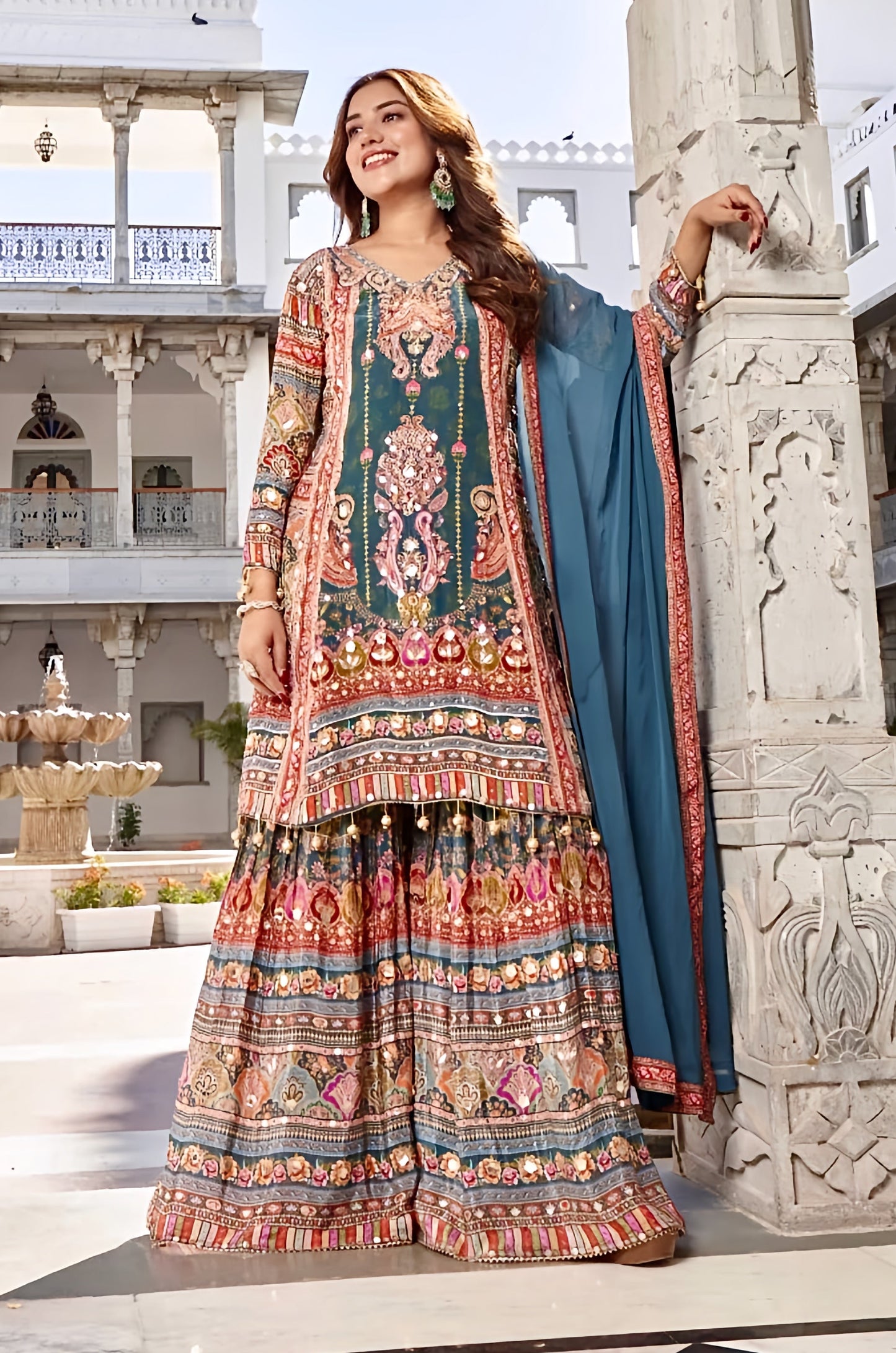 Aarvi Teal Mughal Printed Sharara Set