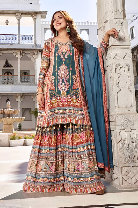 Aarvi Teal Mughal Printed Sharara Set