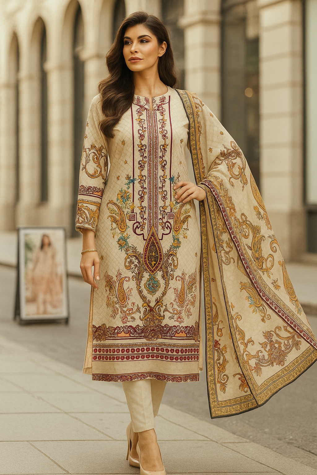 Noor-E-Off White | Lawn Cotton Pakistani Suit Set