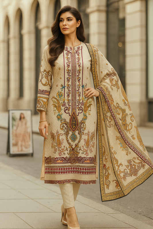 Noor-E-Off White | Lawn Cotton Pakistani Suit Set