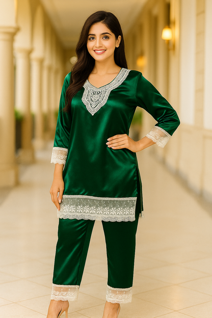 Emerald Elegance Satin Co-ord Set