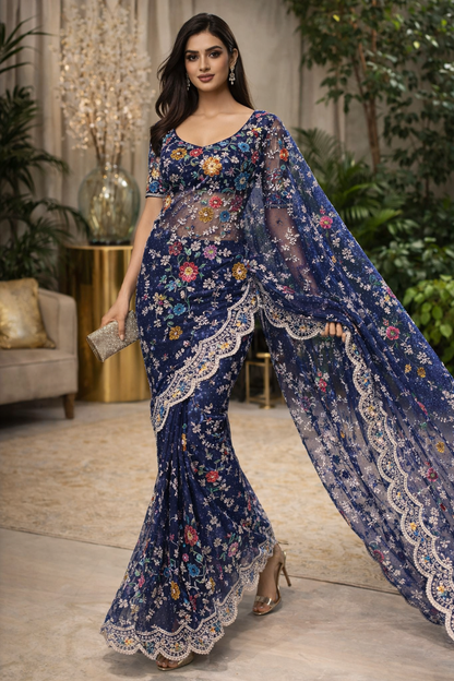 Midnight Garden Embroidered Net Saree