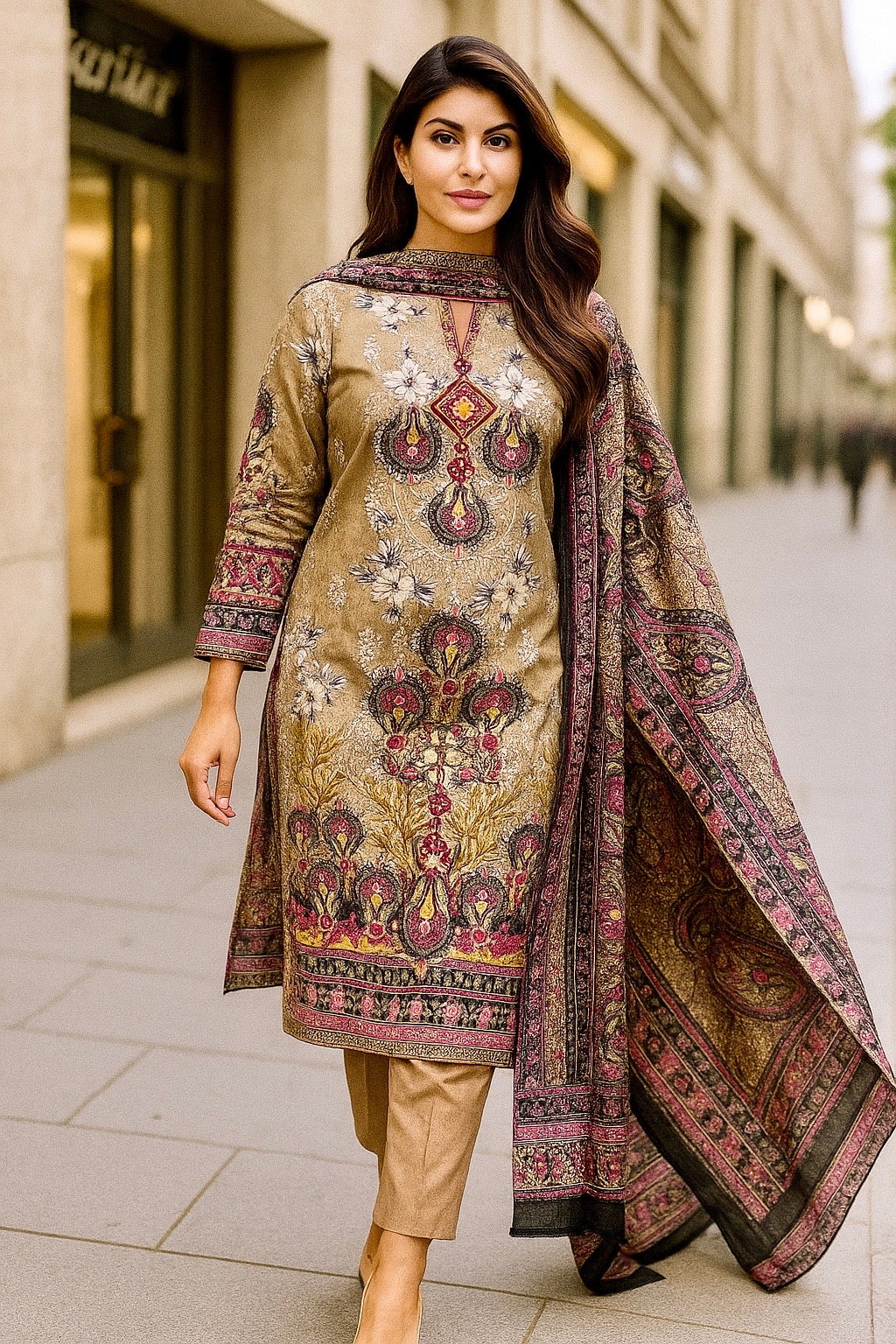 Haya Beige Elegance | Lawn Cotton Pakistani Suit Set