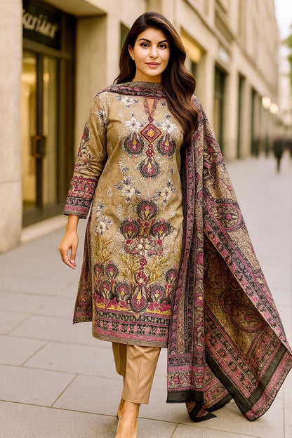 Haya Beige Elegance | Lawn Cotton Pakistani Suit Set