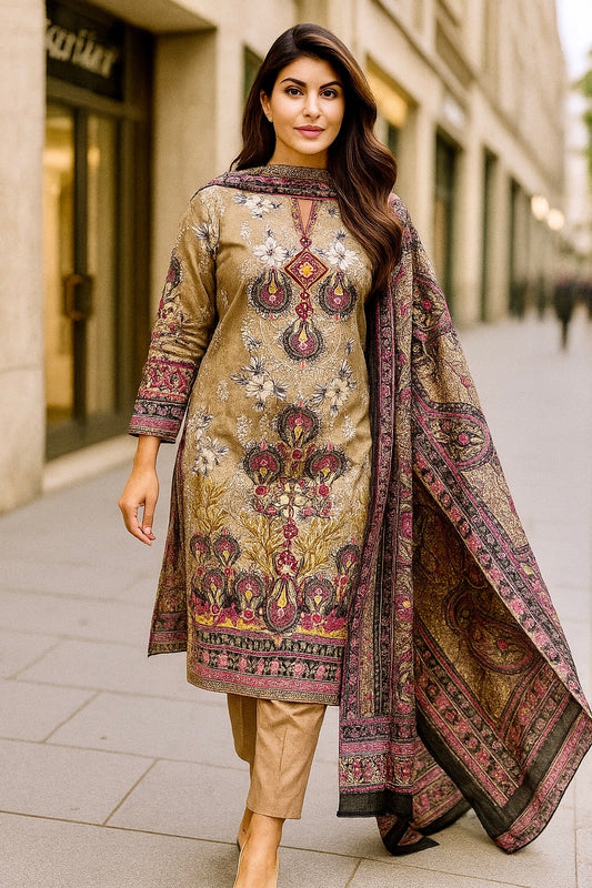 Haya Beige Elegance | Lawn Cotton Pakistani Suit Set