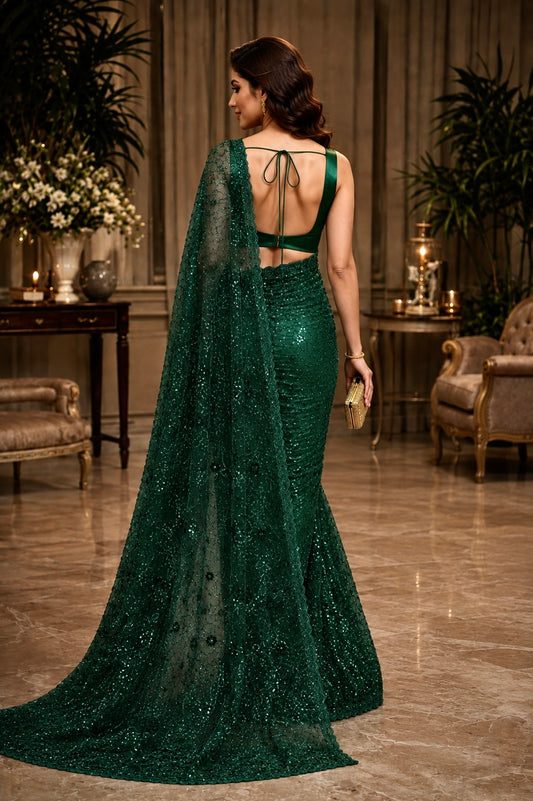 Emerald Bloom Luxe Net Saree