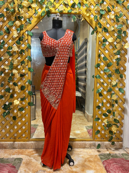 Saffron Embroidered Ready-to-Wear Saree with Stitched Blouse