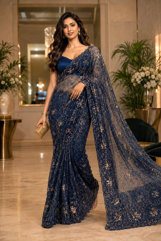 Midnight Bloom Luxe Net Saree