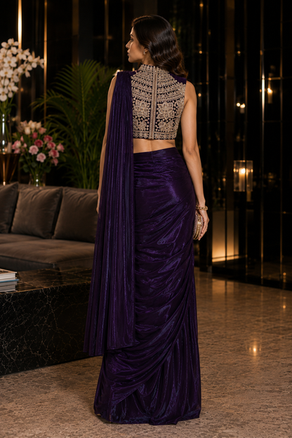 Midnight Amethyst Ready-to-Wear Satin Saree with Pre-stitched Designer Blouse