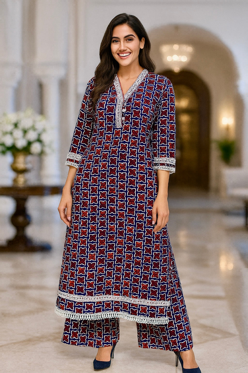 Indigo Bloom Cotton Kurta Set