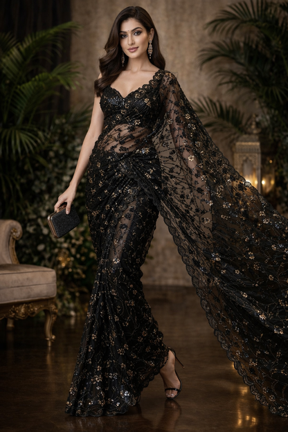 Midnight Bloom Luxe Net Saree