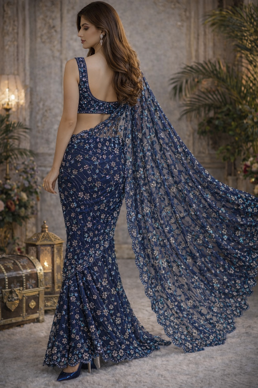 Midnight Bloom Luxe Net Saree