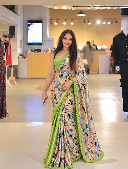 Neon Elysian Bloom Ready-to-Wear Satin Saree
