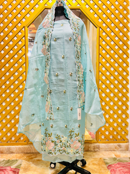 Fleur Mist Kota Doria Embroidered Suit Set