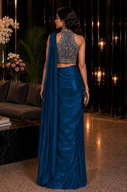 Sapphire Majesty Ready-to-Wear Satin Saree with Pre-stitched Designer Blouse