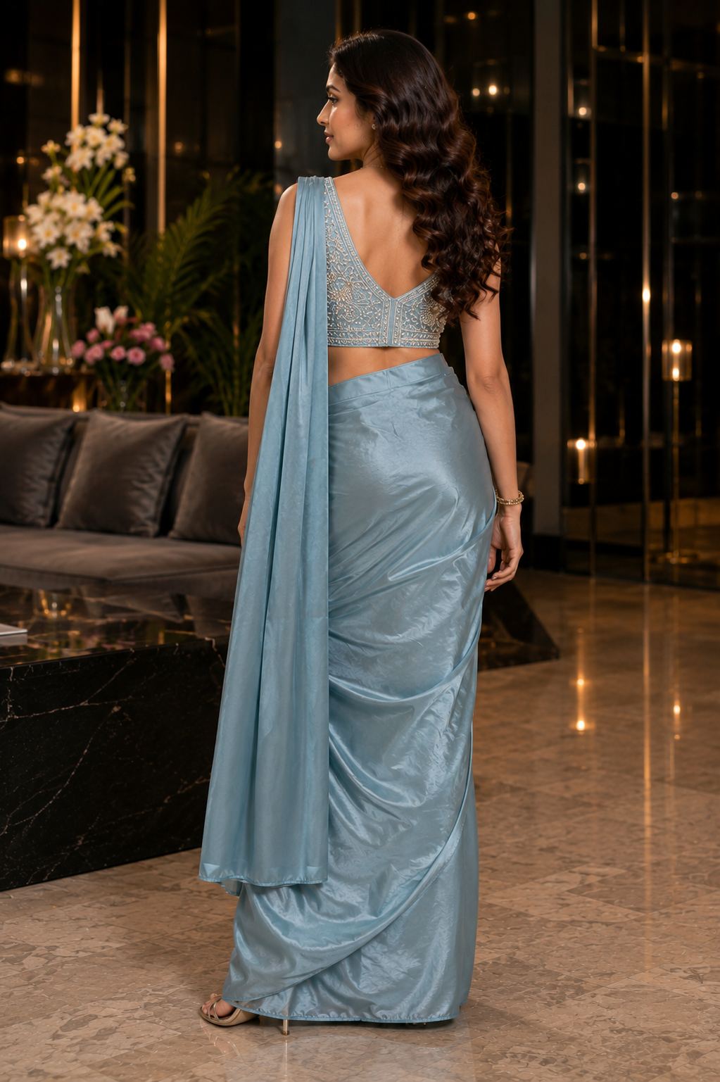Powder Blue Royale Ready-to-Wear Satin Saree with Pre-stitched Designer Blouse